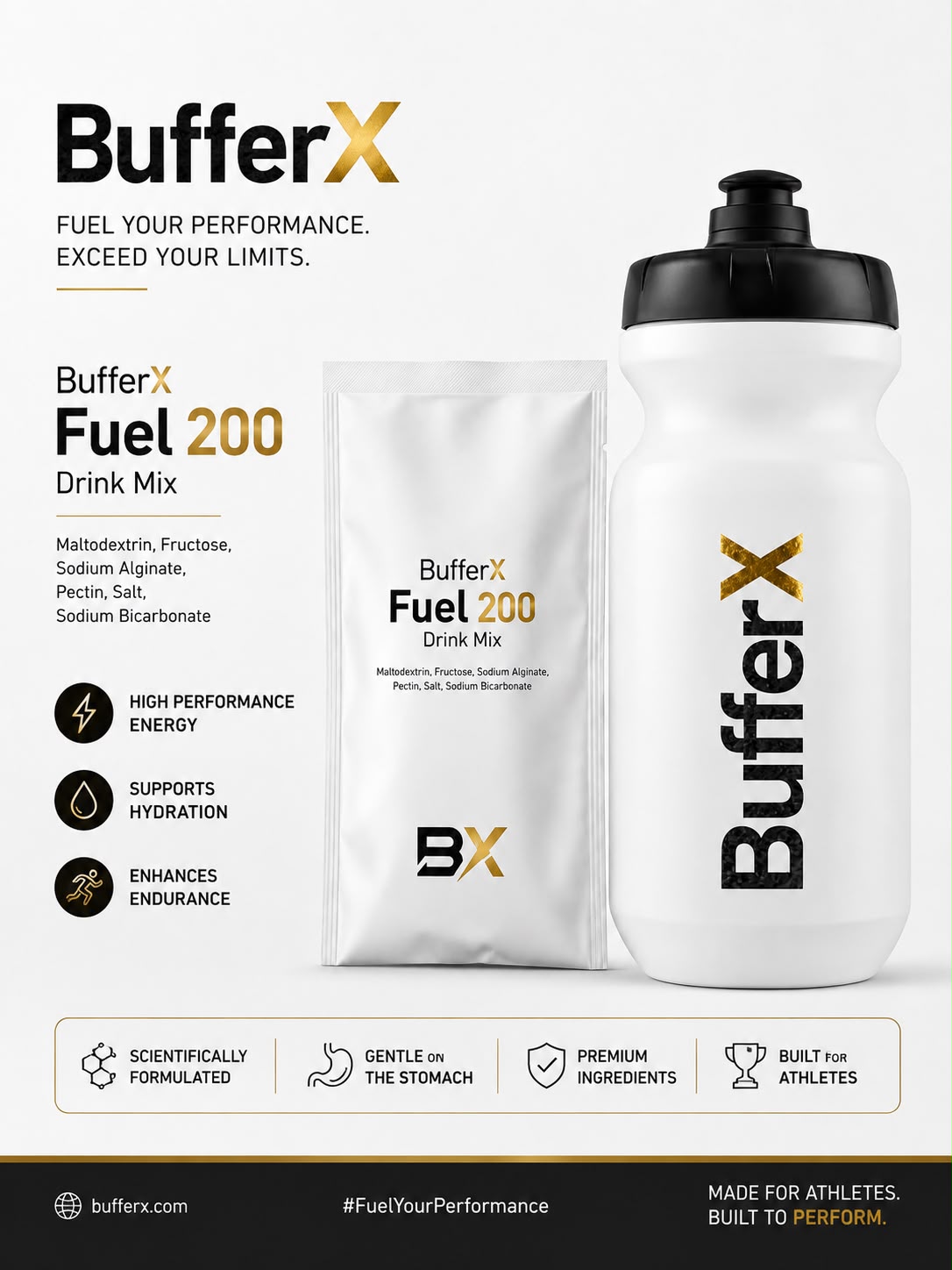 BufferX Fuel 200 Drink Mix sachet and training bottle