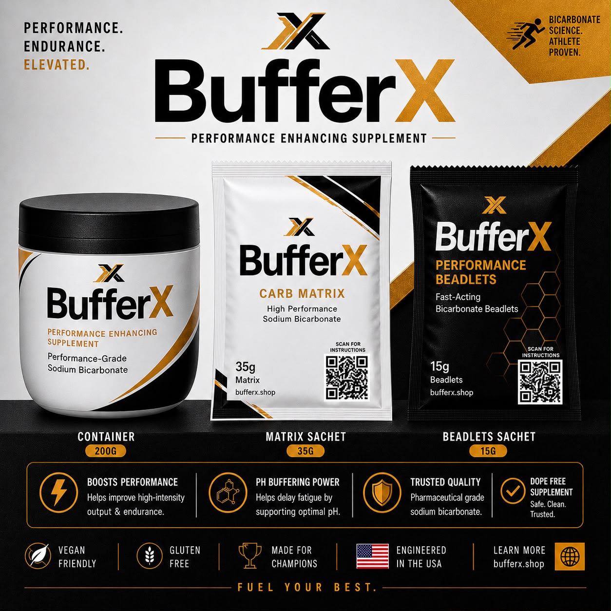 The complete BufferX lineup — 200g container, Carb Matrix sachet and Performance Beadlets sachet